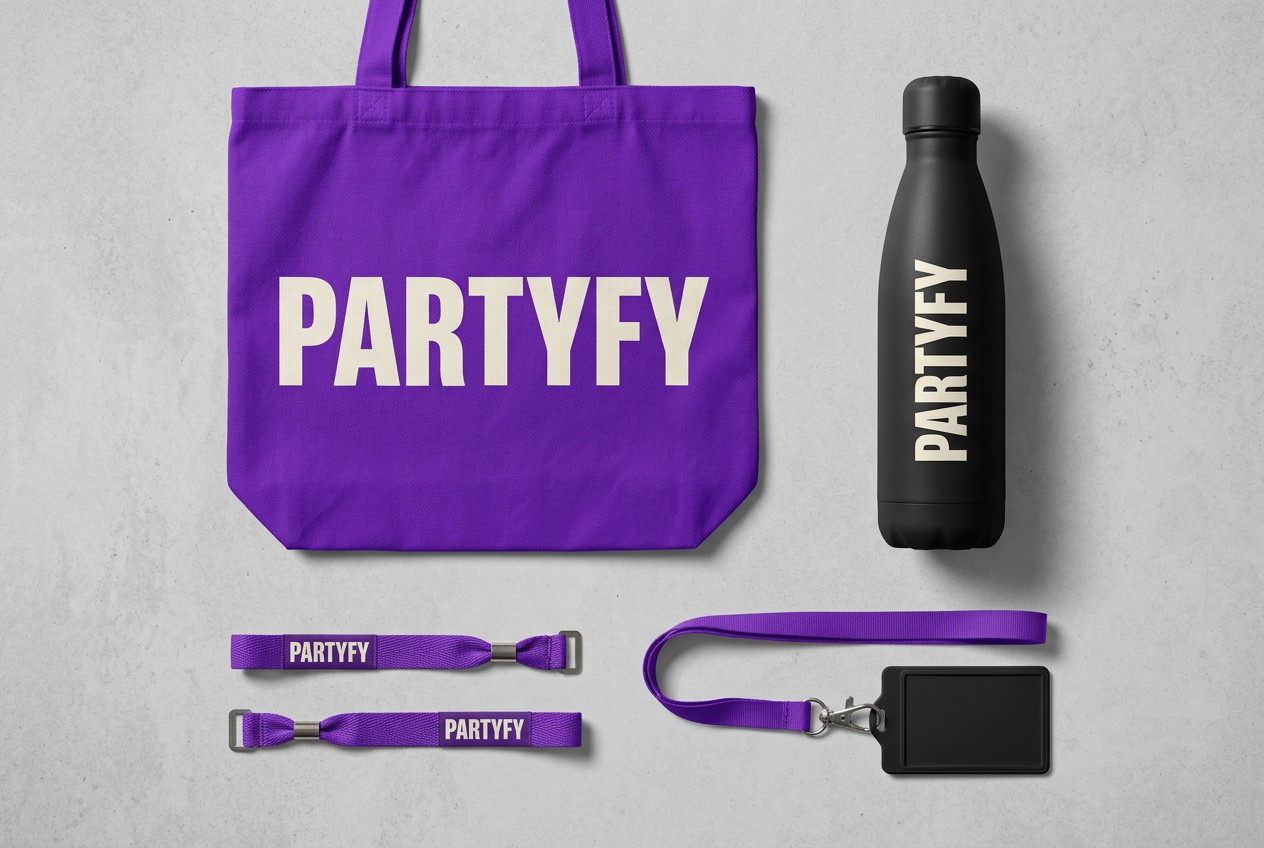 Partyfy festival merchandise concept: purple branded tote bag, black reusable bottle, purple wristbands and lanyard