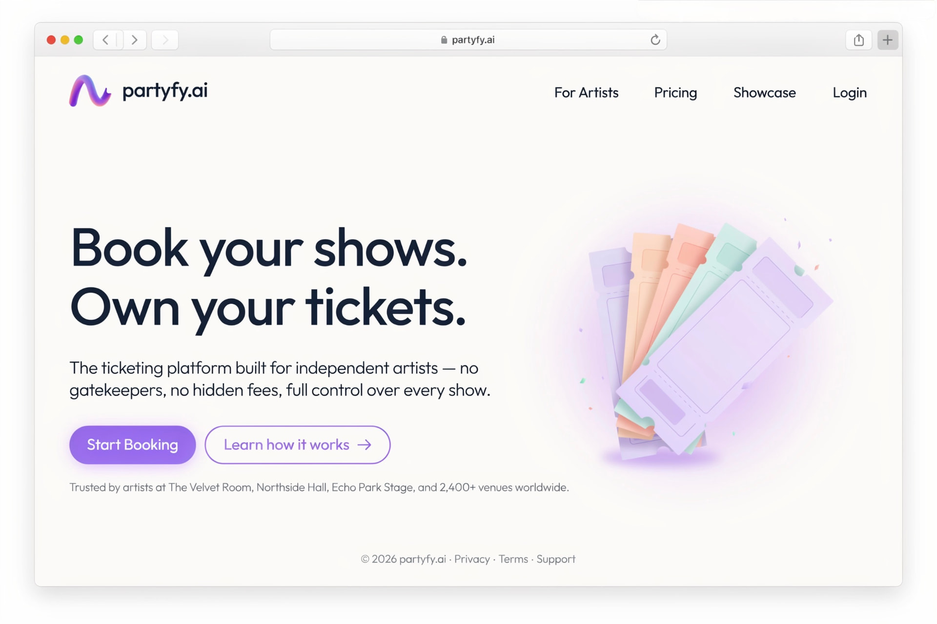 Concept mockup of a partyfy.ai ticketing platform landing page