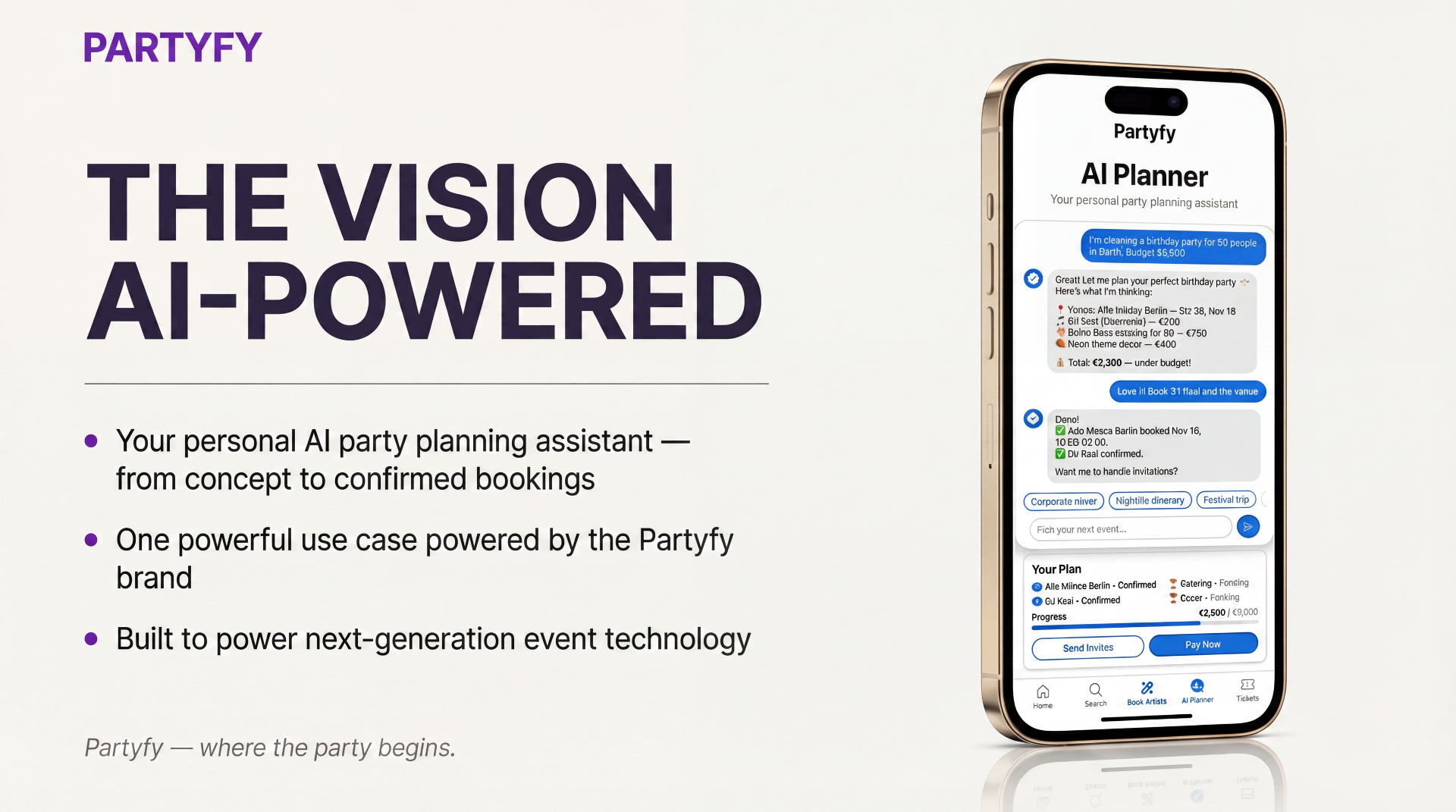 Partyfy AI planner vision concept shown on a mobile app mockup